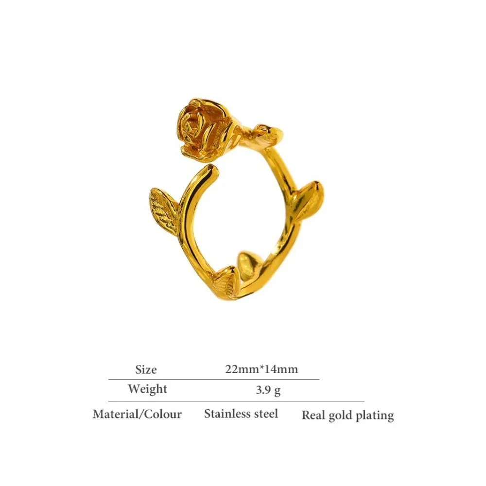 NEW 18K Gold Plated Rose Flower Leaf Resizable Ring